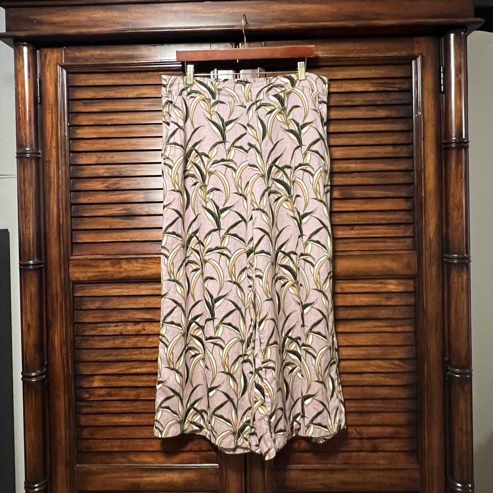 Tahari Linen Cropped Wide Leg Pants Tropical Print Elastic Waist With Pockets XL